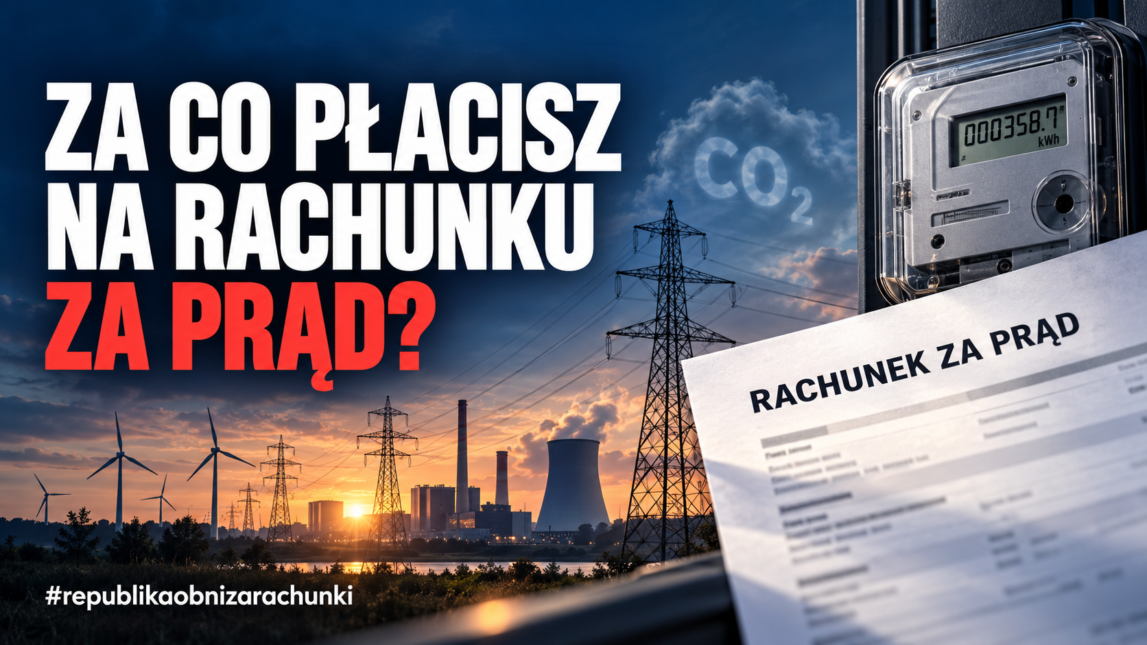 Grafika: za co płacisz na rachunku za prąd? Licznik, faktura i elektrownia o zachodzie słońca